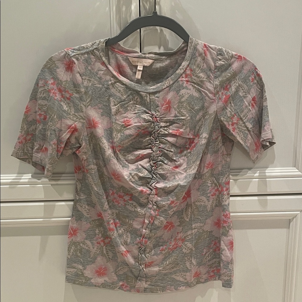 Rebecca Taylor Short Sleeve Floral Tee in Gray and Pink